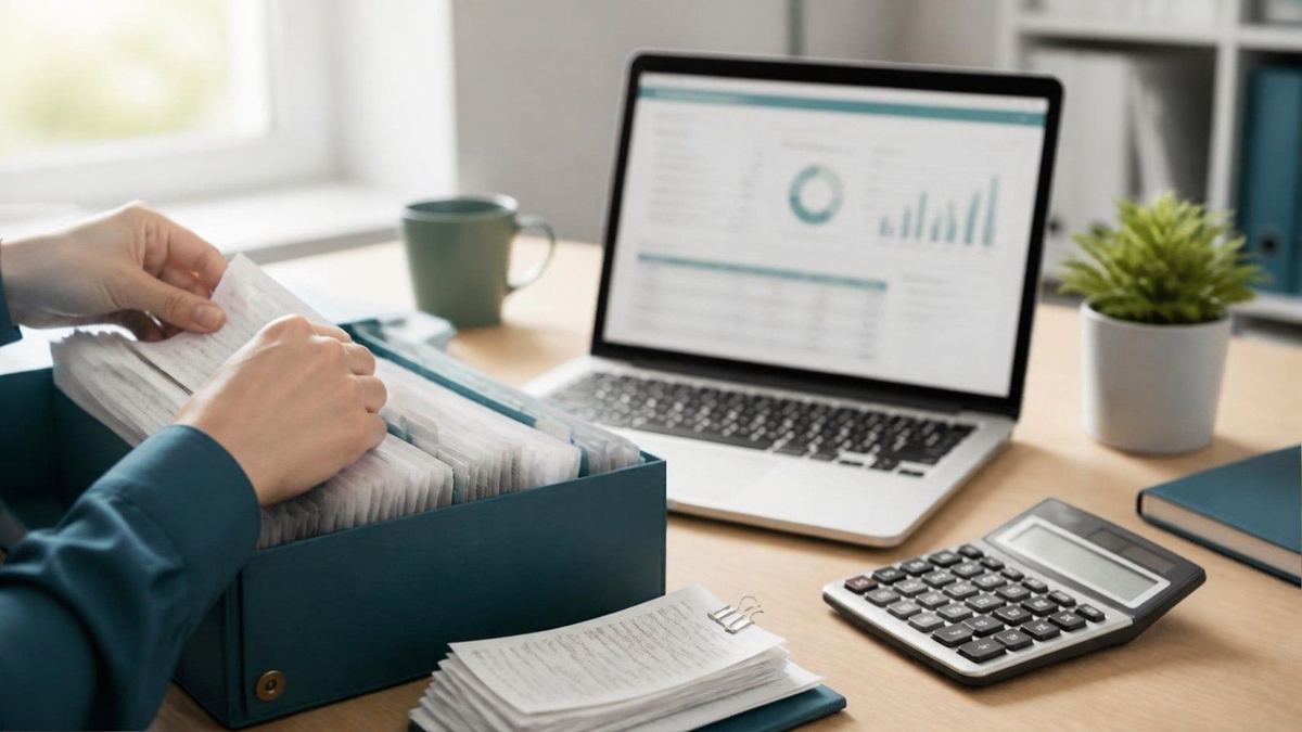 Receipts being filed beside a laptop and calculator